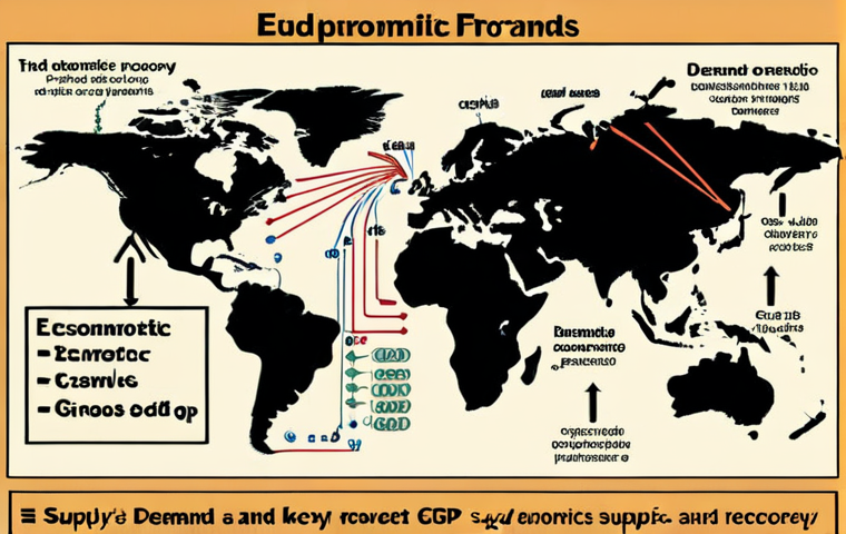 **Image Prompt 1: Economic Concepts**  
   "An educational infographic illustrating key economic terms such as 'supply and demand,' 'gross domestic product (GDP),' and 'economic recovery.' Include visual elements like arrows showing supply and demand curves, and a globe representing GDP. Use a professional and informative style."