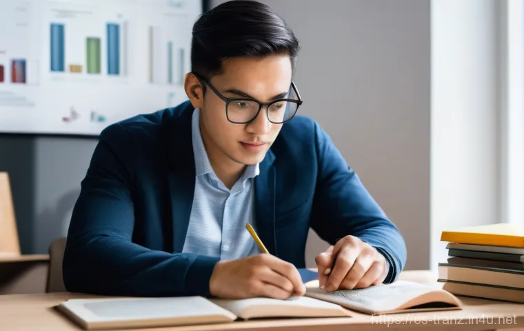 번역사 자격증 시험 준비 전략 - **Prompt:** A determined, professional translator in their late 20s to early 30s, dressed in smart c...