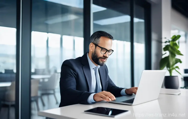 번역사 자격증 시험 준비 전략 - **Prompt:** A diligent translator, aged 30-40, focused intently at a clean, modern desk, surrounded ...