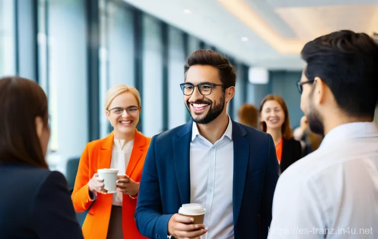 번역사에게 유리한 인맥 관리 팁 - **Prompt:** A vibrant and bustling professional networking event at a modern conference center. A di...