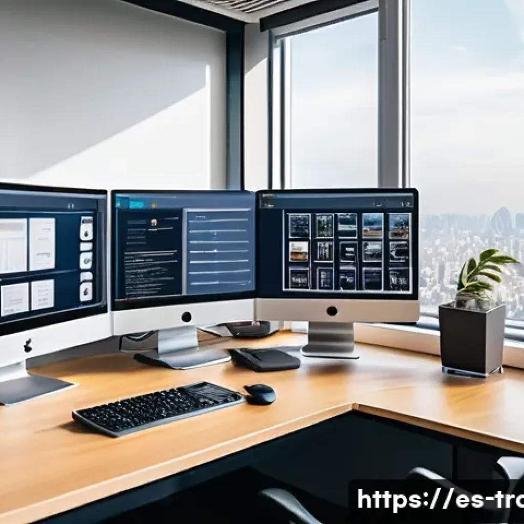 CAT Tool 사용법과 활용 사례 - A modern professional translator’s workspace showing a high-tech home office with multiple screens d...