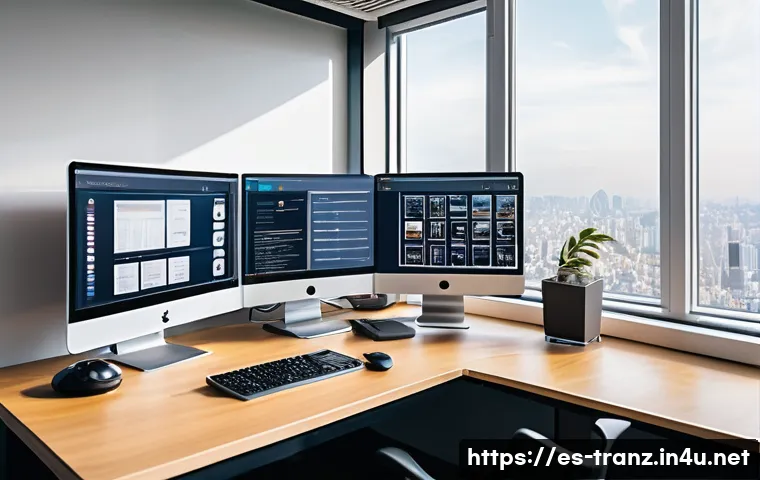 CAT Tool 사용법과 활용 사례 - A modern professional translator&rsquo;s workspace showing a high-tech home office with multiple screens d...