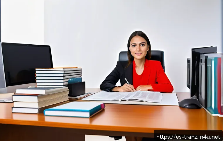 번역 분야별 법률 의료 IT 실무 팁 - A professional Spanish legal translator working at a modern desk, surrounded by open legal dictionar...