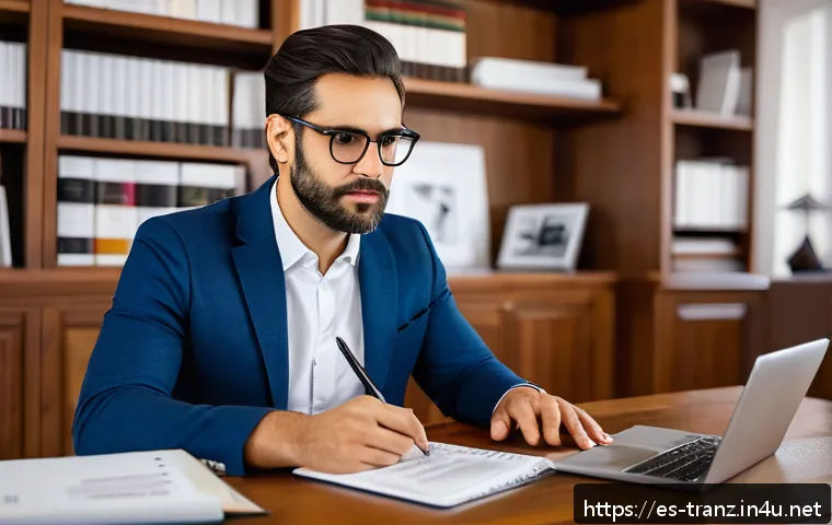 번역사가 알아야 할 법적 문제 - A professional freelance translator in a modern, well-lit home office, wearing smart casual clothing...