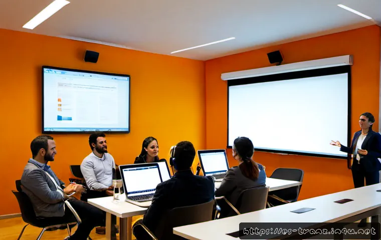 번역사 워크숍과 세미나 참석 꿀팁 - Photorealistic professional translation workshop in a bright modern conference room in Madrid, diver...