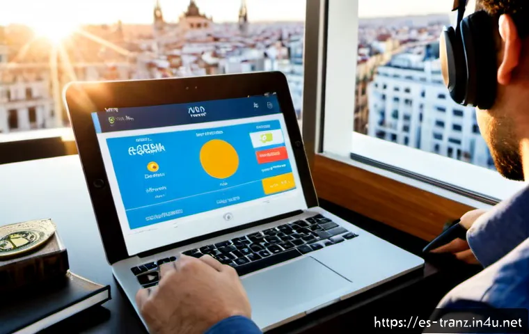 번역사의 글로벌 시장 트렌드 - Photorealistic modern localization workspace in Madrid, Spain, a professional translator wearing sma...